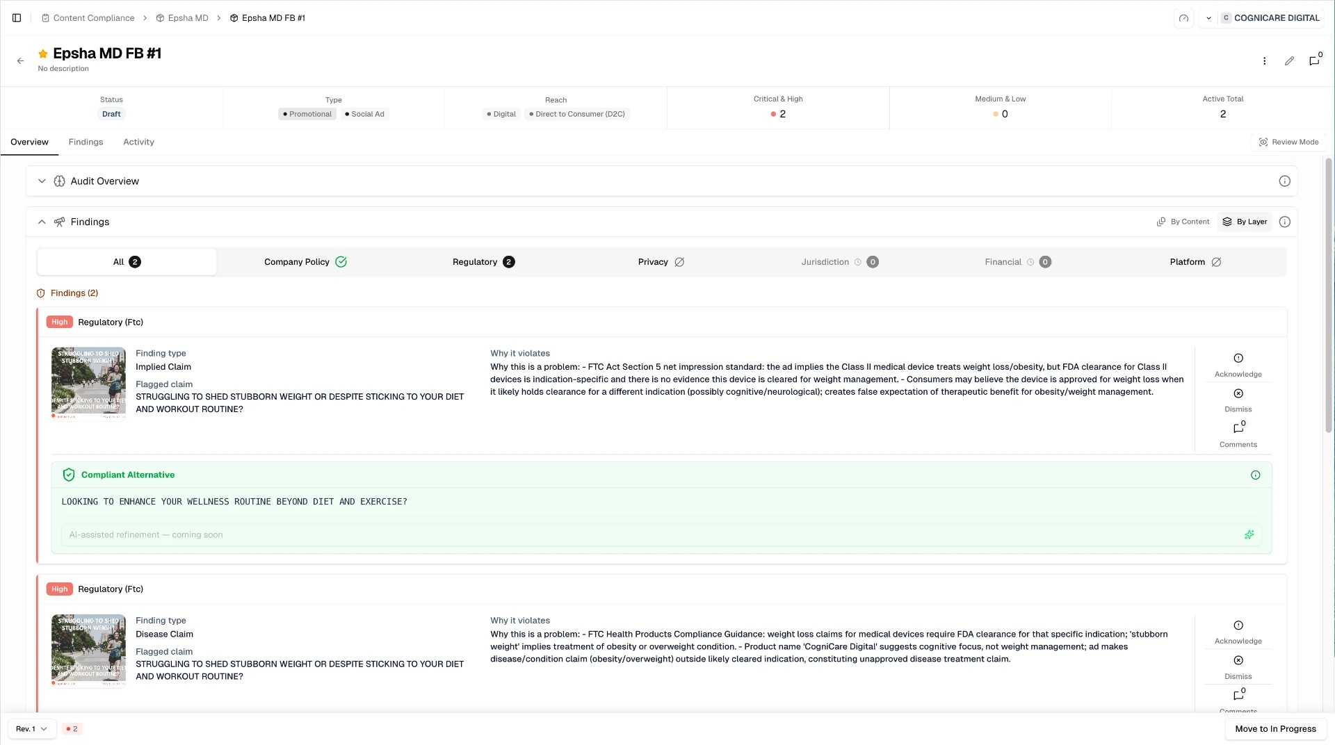 Elpida product screenshot 2: — every finding by layer, with a compliant fix.